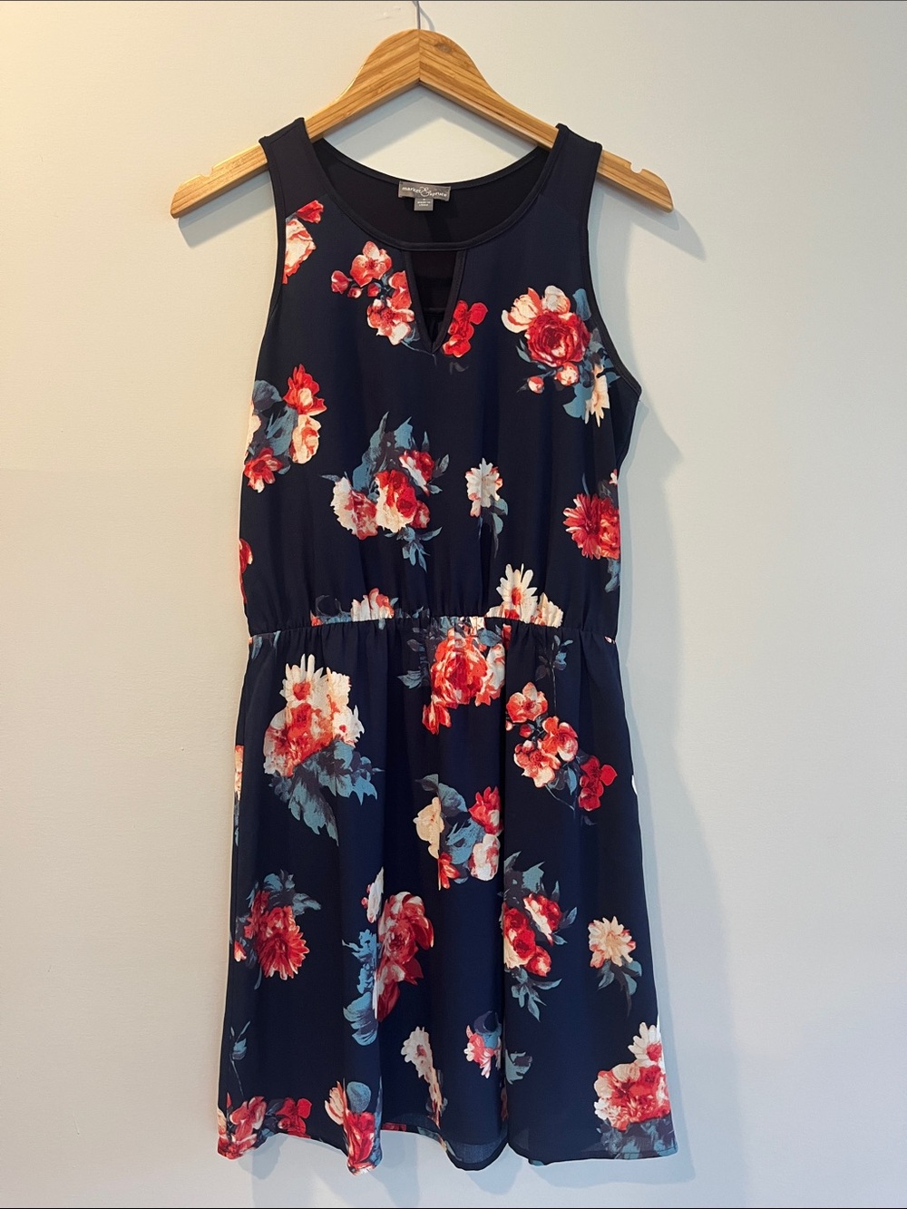 Market & Spruce Navy Floral Sleeveless Dress with Red & White Blooms
